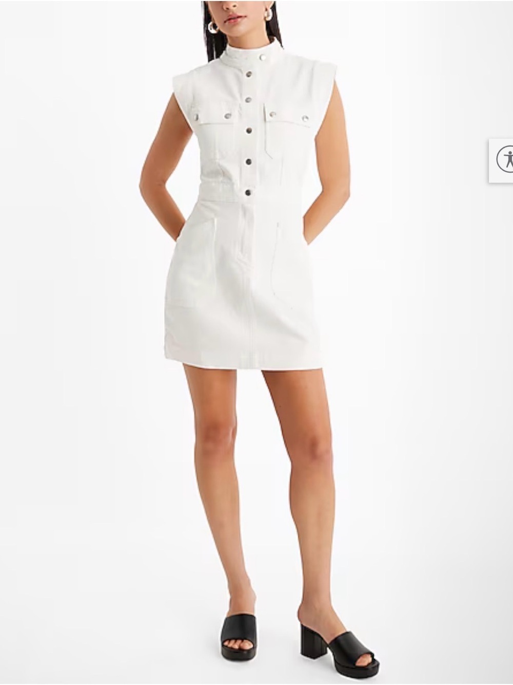 White Sleeveless Button-Front Utility Denim Mini Dress